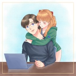 Rule 34 | 1boy, 1girl, age difference, aida kensuke, beard, blue eyes, blush, breasts, brown hair, cleavage, closed eyes, computer, evangelion: 3.0+1.0 thrice upon a time, facial hair, glasses, grin, hair ornament, hairclip, hood, hooded jacket, hug, hug from behind, jacket, laptop, long hair, looking back, masago ksb, neon genesis evangelion, rebuild of evangelion, sitting, smile, souryuu asuka langley, standing, sweater, table, thighs