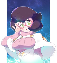 Rule 34 | 1girl, :o, aether foundation, big hair, blush, breasts, buttons, capelet, commentary, creatures (company), game freak, glasses, green eyes, highres, long sleeves, looking at viewer, nintendo, pink-framed eyewear, pokemon, pokemon sm, solo, star (sky), vergolophus, water, white capelet, wicke (pokemon)