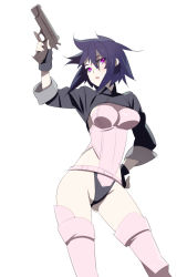 Rule 34 | 1girl, arm up, bad id, bad pixiv id, blue hair, breasts, cropped jacket, fingerless gloves, ghost in the shell, ghost in the shell stand alone complex, gloves, gun, hand on own hip, handgun, hip focus, kusanagi motoko, leotard, parapara dance, pistol, purple eyes, short hair, simple background, solo, tensugi takashi, thighhighs, trigger discipline, weapon