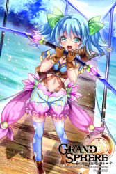 Rule 34 | 1girl, arrow (projectile), belt, bikini, bikini top only, bloomers, blue eyes, blue hair, boots, bow (weapon), breasts, bridge, character request, cleavage, copyright name, gloves, grand sphere, long hair, matching hair/eyes, navel, open mouth, outdoors, quiver, ribbon, solo, swimsuit, tears, thighhighs, twintails, underwear, water, weapon, yuasa akira