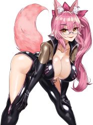 Rule 34 | 1girl, animal ear fluff, animal ears, black bodysuit, blush, bodysuit, bow, breasts, center opening, choker, cleavage, eyewear strap, fate/grand order, fate (series), fox ears, fox girl, fox tail, glasses, hair between eyes, hair bow, highres, hip vent, koyanskaya (assassin) (first ascension) (fate), koyanskaya (fate), large breasts, leaning forward, long hair, looking at viewer, open mouth, pink bow, pink hair, ponytail, sidelocks, smile, tail, tamamo (fate), thighs, volyz, yellow eyes
