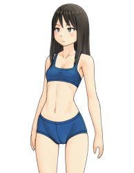 Rule 34 | 1girl, bikini, black eyes, black hair, blue bikini, blush, breasts, closed mouth, commentary request, cowboy shot, light frown, looking to the side, maburu (lojyq1eur3e8bit), medium hair, navel, original, simple background, small breasts, solo, standing, swimsuit, white background