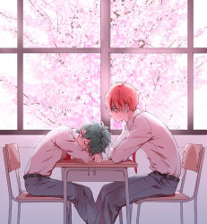 Rule 34 | 10s, 2boys, arm pillow, bad id, bad pixiv id, belt, boku no hero academia, chair, cherry blossoms, classroom, collared shirt, desk, from side, indoors, long sleeves, looking at another, male focus, midoriya izuku, multicolored hair, multiple boys, necktie, on chair, pants, profile, red hair, red necktie, school, school desk, school uniform, shirt, silver hair, sitting, sleeping, spoon (jesing), todoroki shouto, tree, two-tone hair, white shirt, window