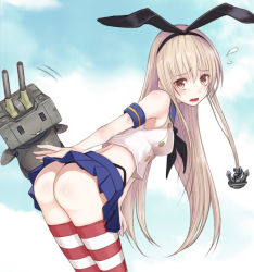 Rule 34 | 10s, 1girl, :3, anchor, ass, bad id, bad pixiv id, blonde hair, elbow gloves, flying sweatdrops, gloves, hairband, highleg, highleg panties, kantai collection, long hair, looking at viewer, miranisuta, panties, personification, rensouhou-chan, shimakaze (kancolle), skirt, striped clothes, striped thighhighs, sweatdrop, thighhighs, thong, underwear, yellow eyes
