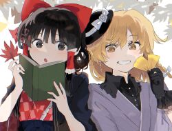 Rule 34 | 2girls, apron, ascot, black eyes, black hair, blonde hair, bow, braid, detached sleeves, frilled bow, frilled hair tubes, frills, hair bow, hair tubes, hakurei reimu, hat, hat bow, highres, kirisame marisa, leaf, maple leaf, multiple girls, open mouth, ramochi, red bow, red skirt, ribbon-trimmed sleeves, ribbon trim, side braid, single braid, skirt, teeth, touhou, upper body, white bow, yellow ascot, yellow eyes