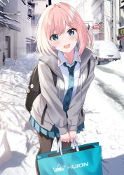 Rule 34 | 1girl, absurdres, backpack, bag, blonde hair, blue eyes, carrying bag, feet out of frame, footprints, hair ornament, hairclip, heart, heart hair ornament, highres, huion, charm (object), looking at viewer, necktie, open mouth, original, pantyhose, pleated skirt, school uniform, short hair, siokazunoko, skirt, smile, snow, solo