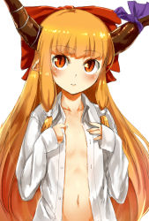 Rule 34 | 1girl, alternate costume, blunt bangs, blush, bow, breasts, buttons, collarbone, commentary request, dress shirt, flat chest, hair bow, highres, horn ornament, horn ribbon, horns, ibuki suika, long hair, long sleeves, looking at viewer, naked shirt, navel, nishiuri, open clothes, open shirt, orange eyes, orange hair, pointy ears, red bow, ribbon, shirt, simple background, slit pupils, small breasts, solo, stomach, touhou, unbuttoned, unbuttoned shirt, upper body, very long hair, white background, white shirt