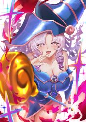 1girl absurdres blue_dress blue_hat blush breasts cleavage cosplay dark_magician_girl dark_magician_girl_(cosplay) dress drill_hair hat highres holding holding_wand hyakumantenbara_salome large_breasts long_hair nakai_kana nijisanji open_mouth purple_eyes purple_hair smile solo virtual_youtuber wand wizard_hat yu-gi-oh!