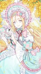 Rule 34 | 1girl, arms up, blonde hair, blue dress, blue eyes, closed mouth, dress, elise de clorence, flower, gloves, highres, long hair, looking at viewer, mini, oegwauisa elise, smile, very long hair, white gloves