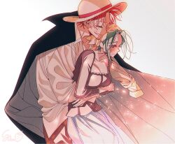 Rule 34 | 1boy, 1girl, bandana, black coat, blush, closed eyes, closed mouth, coat, commentary request, facial hair, green hair, hat, hug, hug from behind, korean commentary, long sleeves, makino (one piece), one piece, red hair, shanks (one piece), shirt, short hair, smile, straw hat, strawbbang, teeth, white shirt