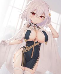 Rule 34 | 1girl, azur lane, blush, braid, breast curtains, breasts, china dress, chinese clothes, dress, flower, garter straps, gloves, hair between eyes, hair ornament, highres, large breasts, looking at viewer, oris at, pelvic curtain, red eyes, revealing clothes, short hair, sirius (azur lane), sirius (azure horizons) (azur lane), solo, thighhighs, white gloves, white hair, white thighhighs