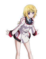 Rule 34 | 1girl, belt, blonde hair, charlotte dunois, dress, grey ribbon, hair ribbon, highres, infinite stratos, leaning forward, long hair, looking at viewer, neck ribbon, ponytail, purple eyes, ribbon, short dress, simple background, smile, solo, standing, white background
