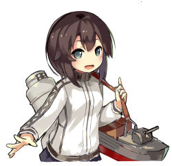 Rule 34 | 10s, 1girl, :d, black hair, grey eyes, hayasui (kancolle), jacket, kantai collection, lino-lin, looking at viewer, open mouth, outstretched arm, outstretched hand, short hair, smile, solo, track jacket, turret, white background