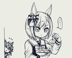 Rule 34 | ..., bell pepper, bitter glasse (umamusume), bow, bowtie, closed mouth, ear bow, food, greyscale, holding, holding food, holding weapon, little cocon (umamusume), long sleeves, mame nabe donko, monochrome, notice lines, peeking out, pepper, sailor collar, school uniform, short hair, solo focus, spoken ellipsis, tracen school uniform, traditional media, umamusume, upper body, v-shaped eyebrows, weapon