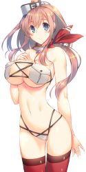 Rule 34 | 10s, 1girl, adapted costume, bikini, blue eyes, breast pocket, breasts, brown hair, cowboy shot, hair between eyes, kantai collection, large breasts, long hair, looking at viewer, mutsuno hekisa, navel, neckerchief, pocket, ponytail, red neckerchief, red thighhighs, saratoga (kancolle), side ponytail, solo, swimsuit, thighhighs, white bikini