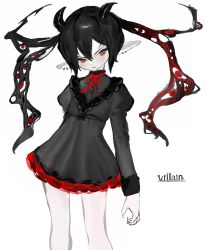 Rule 34 | 1girl, black dress, black hair, black horns, blush, closed mouth, dress, ear piercing, english text, hair between eyes, highres, horns, long hair, long sleeves, looking at viewer, original, pale skin, piercing, pointy ears, red eyes, red hair, short dress, simple background, solo, waonwaowao3, white background