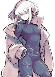 Rule 34 | 1boy, androgynous, coat, covered navel, highres, lio fotia, looking at viewer, male focus, off shoulder, open clothes, open coat, pants, pectorals, promare, short hair, sketch, skin tight, smile, solo, standing, takatsuki ichi, tight clothes, upper body, white background