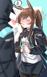 Rule 34 | 1girl, 1other, absurdres, amiya (arknights), animal ears, arknights, bangs, black jacket, black pantyhose, blouse, blue jacket, blush, brown hair, closed eyes, commentary, cowboy shot, doctor (arknights), flying sweatdrops, food, food in mouth, highres, hood, hooded jacket, infection monitor (arknights), jacket, long hair, miniskirt, moto toshi, mouth hold, open clothes, open jacket, pantyhose, pocky, pocky day, ponytail, rabbit ears, shirt, skirt, spoken sweatdrop, sweatdrop, white shirt
