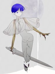 Rule 34 | 1other, androgynous, bad id, bad pixiv id, blue eyes, blue hair, blunt bangs, breaking, colored eyelashes, full moon, golden arms, heterochromia, houseki no kuni, moon, nao (necomugi), necktie, phosphophyllite, phosphophyllite (ll), see-through, shards, short hair, solo, spoilers, sword, weapon, white eyes