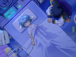 Rule 34 | 00s, 1boy, 1girl, animal ears, bed, blue hair, from above, galaxy angel, game cg, green eyes, indoors, intravenous drip, mint blancmanche, short hair, sleeping, takuto meyers