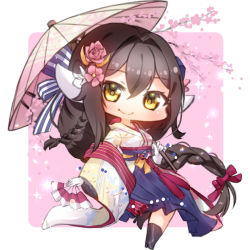 azur_lane black_hair braid cherry_blossoms folding_fan hand_fan horns japanese_clothes kimono mikasa_(azur_lane) mikasa_(blossom-viewing_season)_(azur_lane) oil-paper_umbrella seele0907 smile solo umbrella yellow_eyes