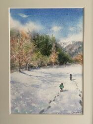 Rule 34 | 2boys, bare tree, blue sky, cloud, cloudy sky, day, footprints, forest, highres, mountainous horizon, multiple boys, nature, ooy33151086, original, painting (medium), photo (medium), picture frame, shadow, signature, sky, snow, traditional media, tree, tree shade, watercolor (medium)