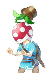 Rule 34 | 1boy, bandaged arm, bandages, belt, biting, blonde hair, blue tunic, brown belt, brown pants, commentary request, cowboy shot, flower pot, gloves, head biting, leaf, link, male focus, mario (series), nintendo, oboro keisuke, pants, piranha plant, plant, potted plant, scabbard, sharp teeth, sheath, sheathed, sheikah slate, shield, shield on back, short sleeves, simple background, solo, standing, super smash bros., sword, teeth, the legend of zelda, the legend of zelda: breath of the wild, tunic, weapon, white background