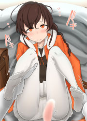 Rule 34 | 1boy, 1girl, bag, blur censor, blush, braid, brown hair, censored, closed mouth, commission, feet, flying sweatdrops, gloves, hetero, imminent penetration, jacket, kantai collection, long hair, long sleeves, messy hair, open clothes, open jacket, orange eyes, orange jacket, panties, panties over pantyhose, pantyhose, penis, single braid, sitting, skeb commission, skirt, solo focus, souya (kancolle), sweat, underwear, urokozuki, wavy mouth, white gloves, white panties, white pantyhose, white skirt