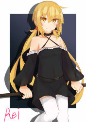 Rule 34 | 1girl, absurdres, alternate costume, artist name, black background, black dress, blonde hair, border, commentary request, cowboy shot, dress, etsuransha no rei, highres, kantai collection, long hair, looking at viewer, satsuki (kancolle), sitting, solo, thighhighs, twintails, two-tone background, white border, white thighhighs, yellow eyes