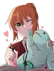 Rule 34 | 1girl, absurdres, axolotl, blush, book, closed mouth, delfuze, fingernails, green eyes, hatori chise, head tilt, heart, highres, holding, holding pencil, jewelry, mahou tsukai no yome, necklace, one eye closed, orange hair, pencil, ponytail, red vest, shirt, simple background, solo, vest, white background, white shirt