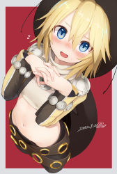 Rule 34 | 1girl, belt, blonde hair, blue eyes, blush, brown belt, commentary request, cowboy hat, crop top, cropped jacket, cropped torso, dated, embarrassed, flying sweatdrops, groin, hair between eyes, hat, highres, jacket, long sleeves, looking at viewer, midriff, navel, nose blush, open clothes, open jacket, open mouth, own hands together, red background, shirt, short hair, sidelocks, signature, simple background, solo, sonolar, summon night, summon night 3, umino hotate, white shirt, yellow jacket