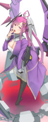 Rule 34 | 1girl, absurdres, ahoge, bad id, bad pixiv id, breasts, cleavage, cosmic break, dress, gloves, hair ornament, hairclip, highres, large breasts, long sleeves, looking at viewer, mecha musume, pallad, purple eyes, purple hair, simple background, solo, tagme, thighhighs, tongue, tongue out, twintails, white background