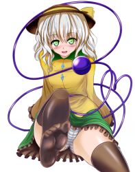 Rule 34 | 1girl, black thighhighs, blue panties, blush, cameltoe, feet, green eyes, hat, hat ribbon, highres, honda takaharu, komeiji koishi, long sleeves, looking at viewer, open mouth, outstretched foot, panties, pantyshot, ribbon, shirt, silver hair, simple background, sitting, skirt, smile, solo, striped clothes, striped panties, thighhighs, third eye, touhou, underwear, upskirt, white background