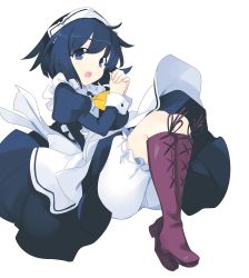 Rule 34 | 1girl, apron, ascot, black eyes, black hair, bloomers, boots, breasts, brooch, highres, jewelry, large breasts, maid, maid apron, maid headdress, noise reduction, official art, open mouth, own hands together, purple footwear, scan, shoes, short hair, siesta (zero no tsukaima), simple background, solo, underwear, usatsuka eiji, white background, zero no tsukaima