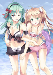 Rule 34 | 2girls, bikini, bikini top only, blonde hair, blue sky, bow, cloud, collarbone, crescent, day, green eyes, green hair, hair bobbles, hair bow, hair ornament, hairband, highres, innertube, jewelry, locked arms, long hair, multiple girls, navel, necklace, one eye closed, open mouth, original, pendant, purple eyes, rasahan, shorts, sky, smile, swim ring, swimsuit, twintails, wink