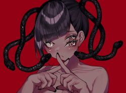 Rule 34 | 1girl, black hair, black nails, blunt bangs, blush, expressionless, extra eyes, eyeshadow, highres, makeup, original, portrait, red background, shadow, simple background, snake hair, solo, yu min zzz xx