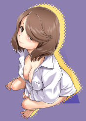 Rule 34 | 1girl, barefoot, blush, breasts, brown eyes, brown hair, cleavage, downblouse, dress shirt, feet, hair over one eye, kouda tomohiro, naked shirt, original, purple background, shirt, simple background, smile, solo, spread toes, toes, unbuttoned