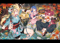 Rule 34 | 3girls, ^^^, ahoge, anger vein, anklet, azur lane, bike shorts, blonde hair, blue hair, boiling, bow, breasts, campfire, cleavage, cleveland (azur lane), closed eyes, crab, eating, flower, fox mask, guaiguaigun, hair bow, hair flower, hair ornament, helena (azur lane), japanese clothes, jewelry, kimono, large breasts, leaf, letterboxed, long hair, maple leaf, mask, mask on head, multiple girls, one side up, open mouth, ponytail, pot, red eyes, red hair, sandals, sitting, splashing, sweatdrop, tasuki, wichita (azur lane), wristband, you&#039;re doing it wrong