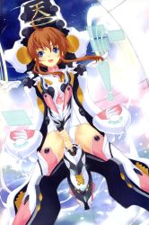 Rule 34 | 1girl, :d, absurdres, angelic layer, artist request, blue eyes, bodysuit, brown hair, chair, controller, halo, highres, holographic interface, joystick, looking at viewer, multiple girls, open mouth, own hands together, pink thighhighs, scan, sidelocks, smile, suzuhara misaki, thighhighs, v arms, zettai ryouiki