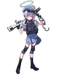 Rule 34 | 1girl, absurdres, blue archive, blue hair, boots, crossed bangs, gun, hair between eyes, hair over eyes, halo, highres, knee pads, low twintails, police, police uniform, policewoman, shotgun, simple background, skirt, twintails, uniform, valkyrie police academy student (blue archive), vest, waa153, weapon, white background