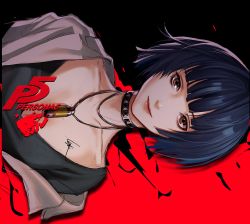 Rule 34 | 1girl, black hair, black shirt, brown eyes, choker, collar, collarbone, commentary, english commentary, jewelry, lab coat, logo, looking at viewer, lsr, multicolored background, necklace, persona, persona 5, shirt, short hair, sideways, smile, solo, takemi tae, upper body