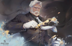 Rule 34 | 1boy, beard, black suit, character name, clenched hand, facial hair, formal, gloves, luerstine, male focus, necktie, old, old man, overlord (maruyama), sebas tian, suit, upper body, white gloves, white hair