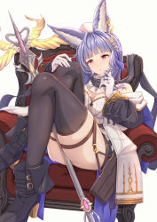 Rule 34 | black footwear, blue hair, boots, breasts, cover, cover page, crossed legs, dress, erune, gloves, granblue fantasy, highres, holding, holding staff, holding weapon, knees up, legs, medium breasts, midorinocha, purple eyes, short dress, solo, staff, thighhighs, thighs, tikoh, weapon, white gloves, zettai ryouiki