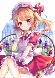 Rule 34 | 1girl, apron, between legs, blonde hair, blurry, blurry background, blush, bow, closed mouth, coa (chroo x), commentary request, crystal, depth of field, diagonal stripes, dress, flandre scarlet, frilled apron, frilled dress, frills, hand between legs, hand up, hat, hat ribbon, mob cap, one side up, puffy short sleeves, puffy sleeves, red dress, red eyes, red ribbon, ribbon, short sleeves, smile, solo, striped, striped bow, touhou, white apron, white hat, wings, wrist cuffs, yellow bow