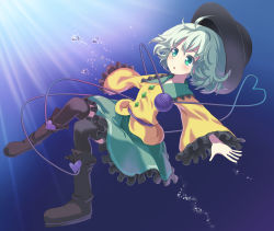 Rule 34 | 1girl, :o, air bubble, aqua hair, bad id, bad pixiv id, black thighhighs, blouse, boots, bubble, freediving, frilled skirt, frilled sleeves, frills, gradient background, green eyes, hat, unworn hat, unworn headwear, heart, heart of string, komeiji koishi, long sleeves, looking up, naox, outstretched arms, shirt, short hair, skirt, solo, spread arms, sunlight, thighhighs, third eye, touhou, underwater