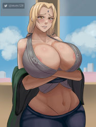 Rule 34 | 1girl, absurdres, areola slip, arms under breasts, blonde hair, blush, breasts, brown eyes, cleavage, crop top, cropped legs, crossed arms, curvy, facial mark, female focus, forehead mark, haori, highres, huge breasts, japanese clothes, kimono, lipstick, looking at viewer, makeup, matts128, mature female, midriff, mature female, naruto, naruto (series), naruto shippuuden, no bra, no panties, pants, pelvic curtain, revealing clothes, short kimono, solo, teeth, thick thighs, thighs, tight clothes, tight pants, tsunade (naruto), twintails, upper teeth only, watermark, web address