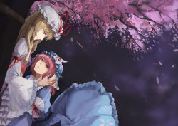 Rule 34 | 2girls, absurdres, blonde hair, blue dress, bow, cherry blossoms, closed mouth, dress, frilled dress, frilled sleeves, frills, hair bow, hat, hat ribbon, highres, japanese clothes, jiliang ji ying, juliet sleeves, kimono, long hair, long sleeves, looking at another, mob cap, multiple girls, outdoors, pink hair, puffy sleeves, purple eyes, red bow, red eyes, red ribbon, ribbon, saigyou ayakashi, saigyouji yuyuko, short hair, sidelocks, touhou, tree, triangular headpiece, under tree, wide sleeves, yakumo yukari