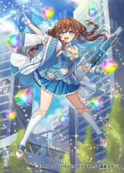 Rule 34 | 1girl, :d, arm up, blue eyes, blue hair, blue skirt, blue sky, boots, breasts, brown hair, building, character request, cleavage, clothing cutout, cloud, commentary request, copyright notice, cube, day, floating hair, flower, frilled skirt, frills, gloves, gun, hair between eyes, hair flower, hair ornament, holding, holding gun, holding weapon, jacket, karokuchitose, knee boots, long hair, long sleeves, medium breasts, multicolored hair, navel, navel cutout, official art, open clothes, open jacket, open mouth, outdoors, outstretched arm, pleated skirt, pointing, shotgun, skirt, sky, smile, solo, two-tone hair, v-shaped eyebrows, very long hair, vividz, weapon, weapon request, white flower, white footwear, white gloves, white jacket, wide sleeves