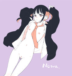 Rule 34 | 1girl, armpits, arms up, bar censor, black cardigan, black hair, braid, buttons, cardigan, censored, character name, character request, collared shirt, copyright request, cowboy shot, dress shirt, ear piercing, earrings, facing viewer, female focus, flat chest, hamao, highres, jewelry, long hair, long sleeves, looking at viewer, lying, multicolored hair, navel, necktie, nipples, on back, open cardigan, open clothes, open mouth, open shirt, orange eyes, orange hair, orange necktie, piercing, pointless censoring, purple background, pussy, shirt, sidelocks, simple background, single earring, solo, stomach, thigh gap, twin braids, white shirt