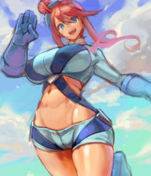 Rule 34 | 1girl, :d, abs, arm up, blue eyes, blue footwear, blue gloves, blue shirt, blue shorts, boots, breasts, cloud, creatures (company), crop top, game freak, gloves, groin, gym leader, hair bun, hair ornament, hip focus, kazo (kazozakazo), knee boots, large breasts, leg up, long sleeves, looking at viewer, navel, nintendo, open mouth, outdoors, pokemon, pokemon bw, red hair, salute, shirt, short hair with long locks, short shorts, shorts, sidelocks, single hair bun, sky, skyla (pokemon), smile, solo, swept bangs, teeth, upper teeth only